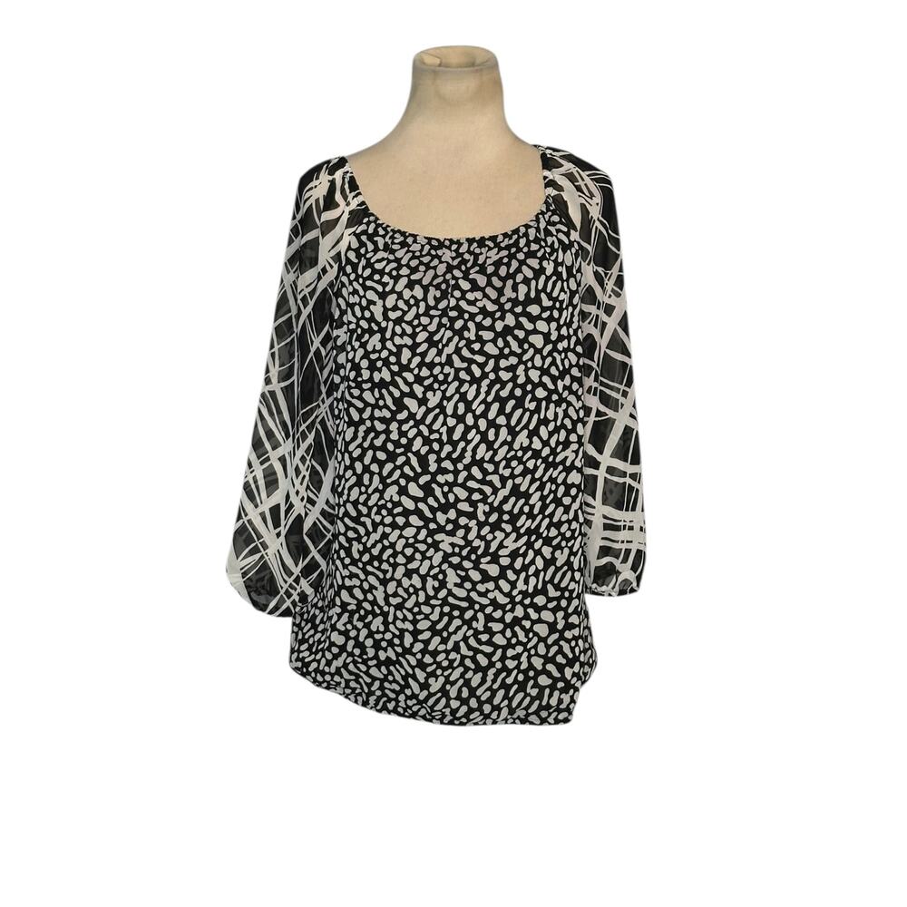Ann Taylor black white print 3/4 sleeves tunic blouse size Small